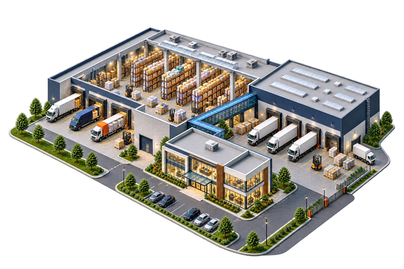 Illustrazione di un’azienda commerciale che riceve merci da diversi fornitori e le spedisce ai clienti