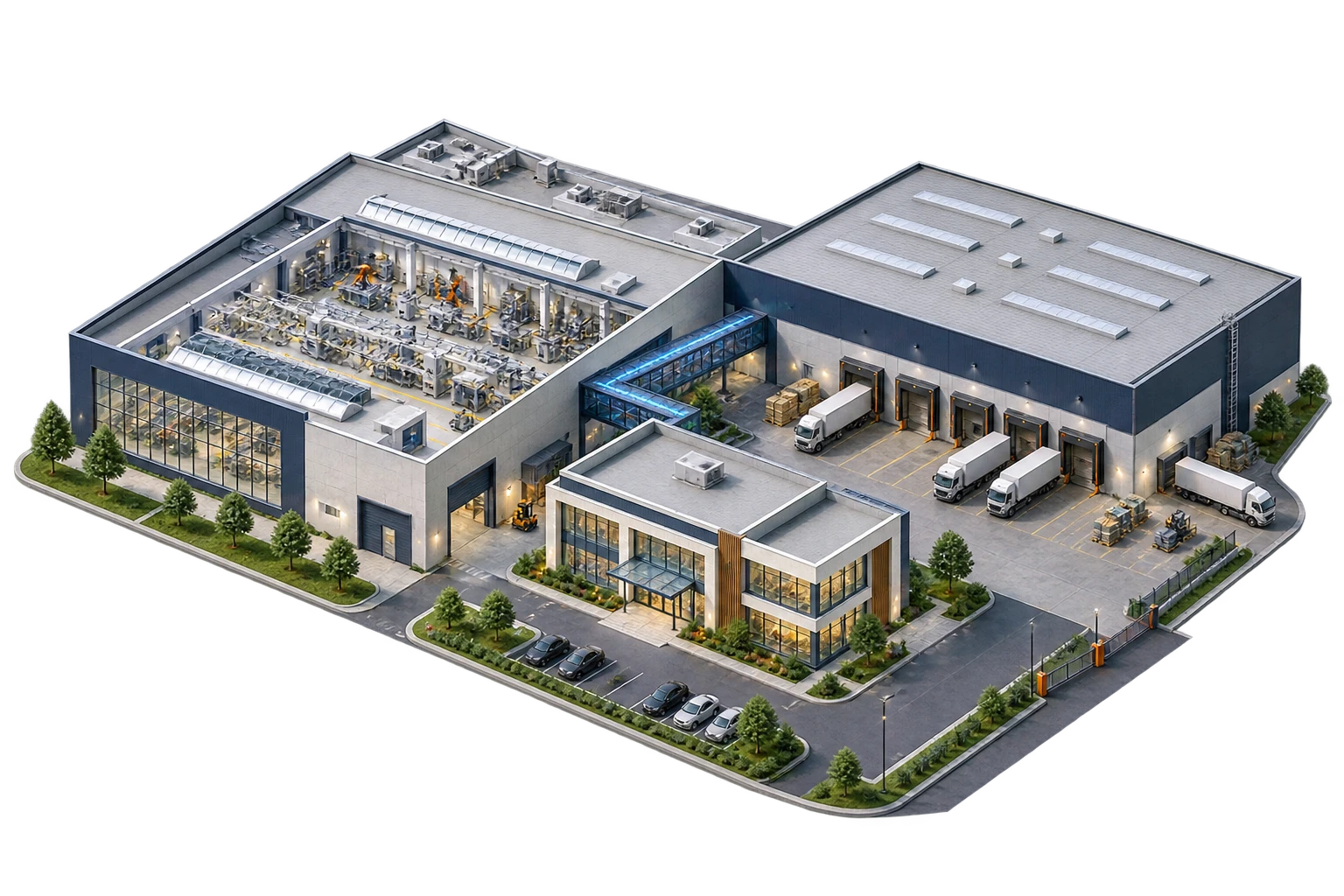 Illustrazione di un’azienda con uffici, reparto produttivo e magazzino collegati